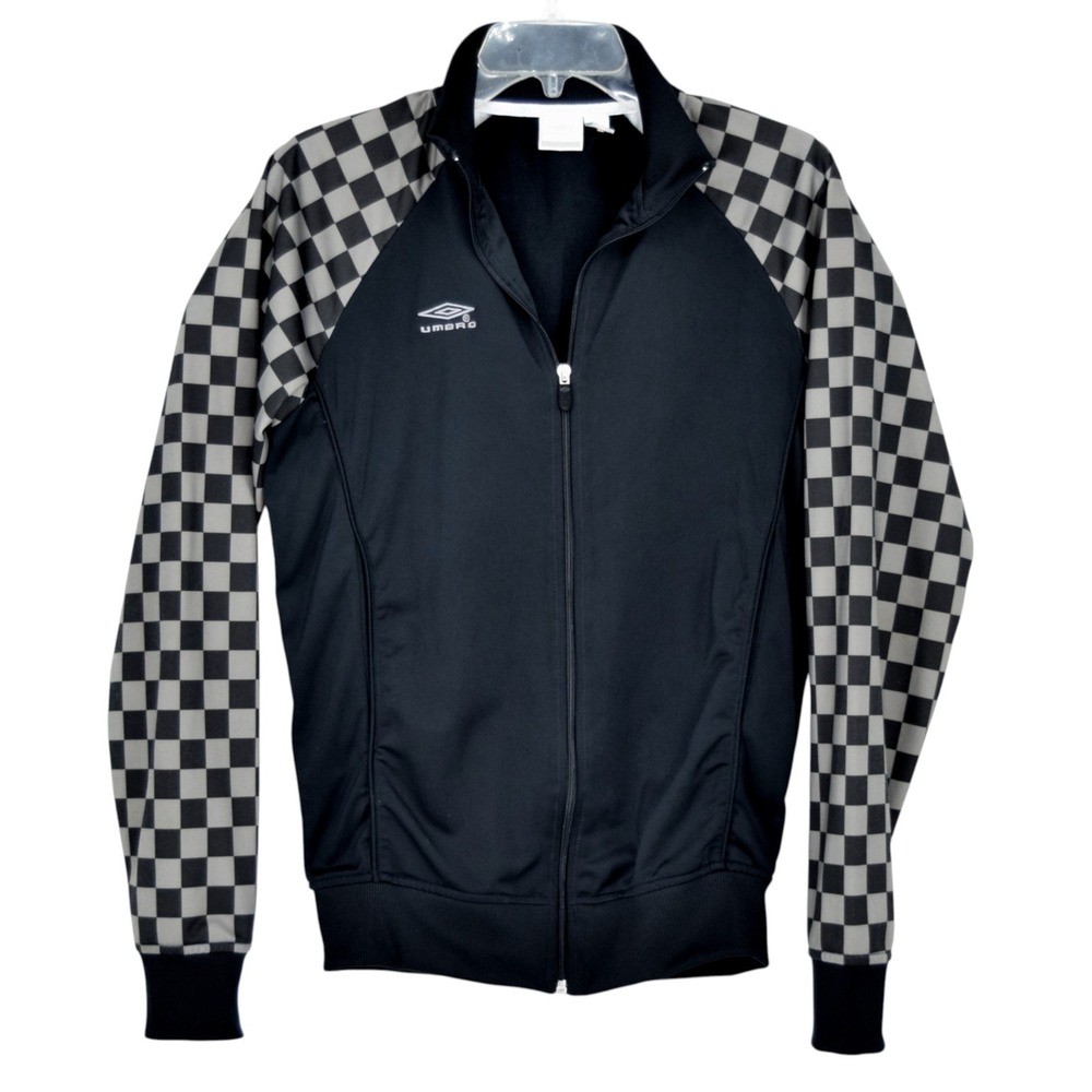 Umbro Track Jacket Mens Small Black Checkered Sleeve Full Zip Soccer Y2K 2009